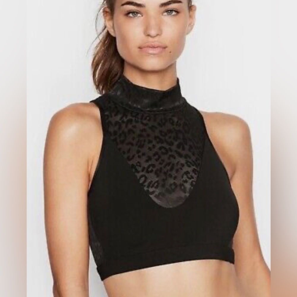 NWT VS Light Pink LEOPARD MESH SPLIT BACK HIGH NECK SPORTS BRA & 7/8 LEGGINGS